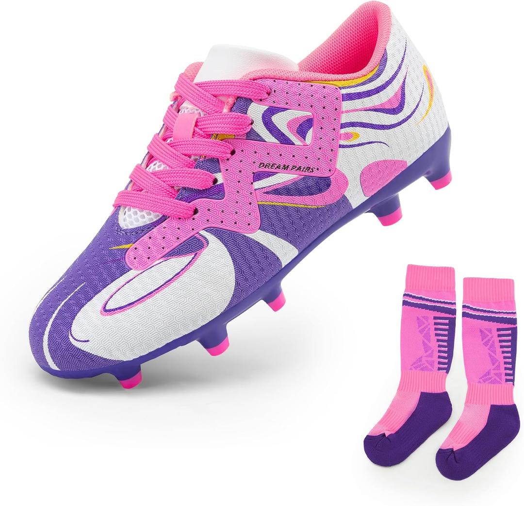 DREAM PAIRS Boys Girls Soccer Cleats Youth Firm Groud Sport Football Cleats with Soccer Socks for Little/ Big Kid/ Toddler, Size 5 Big Kid, White/ Purple, KKUMSO2503