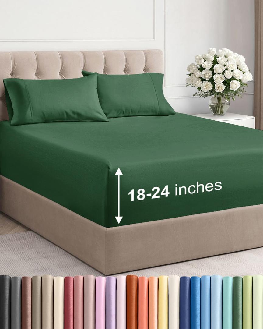 Extra Deep King Sheet Set - 4 Piece Breathable & Cooling Bed Sheets - Easily Fits 18 to 24 inch Mattress - Ultra Soft, Wrinkle & Fade Free w/ Extra Deep Pockets - Hotel Luxury Bedding - Emerald Green