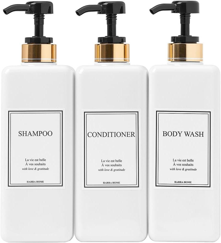 Shampoo and Conditioner Dispenser - Modern Gold Design Large 27oz Shower Soap Dispenser Set of 3, Refillable Empty Plastic Pump Bottles for Bathroom, 6 Waterproof Labels Included, Black Only2