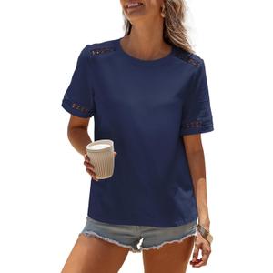 BLENCOT Womens Shirts Short Sleeve Business Tunic Summer Tops Spring Fashion Loose Eyelet Knitted Tee Shirts Going Out (L)