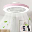 Depuley Bedroom Ceiling Fan with Light: 19" Modern LED Flush Mount Low Profile Ceiling Fans with Remote & Smart APP Control - Pink Enclosed Bladeless Fandelier Dimmable Quiet DC Motor for Kids Room