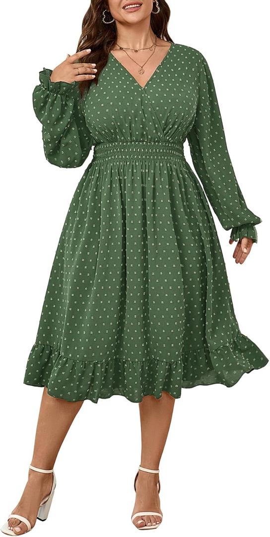 Women's Plus Size Fall Dress Long Sleeve V Neck Smocked Swiss Dot Flowy High Waisted A Line Ruffle Midi Dress (XL)
