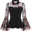 Mesh Sheer Bell Sleeve Gothic Tops for Women Goth Blouses Vintage 1950s Ilusion Punk Victorian Blouse Halloween Casual Shirts (Medium, Floral)
