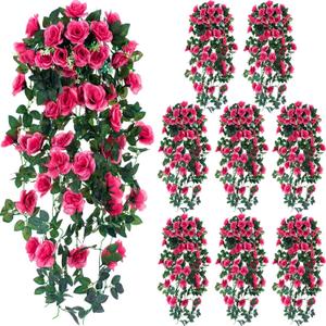 Suncalla 8 Pcs 3.3ft Artificial Hanging Rose Vine Fake Rose Flowers with Green Leaves Silk Hanging Plants Garland for Home Garden Wedding Party Mother's Day Indoor Outdoor Decor