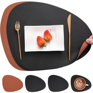 Myir JUN Placemats, Dual-Sided Placemats Waterproof Faux Leather Placemats Set of 4 Place Mats and Coasters Non-Slip Washable Table Mats for Dining Table (Black Brown, Set of 4)