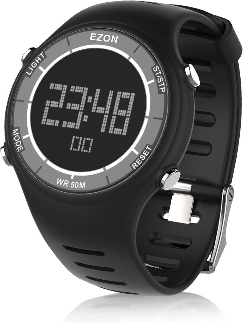EZON Digital Watch with Stopwatch Countdown Timer Alarm EL Backlight,Ultra-Thin Large Display 5ATM Waterproof Digital Wrist Watches for Men Women (White-on-black)