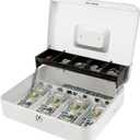 Jssmst Locking Large Metal Cash Box with Money Tray, Money Box with Key Lock, White, SM-CB0504L