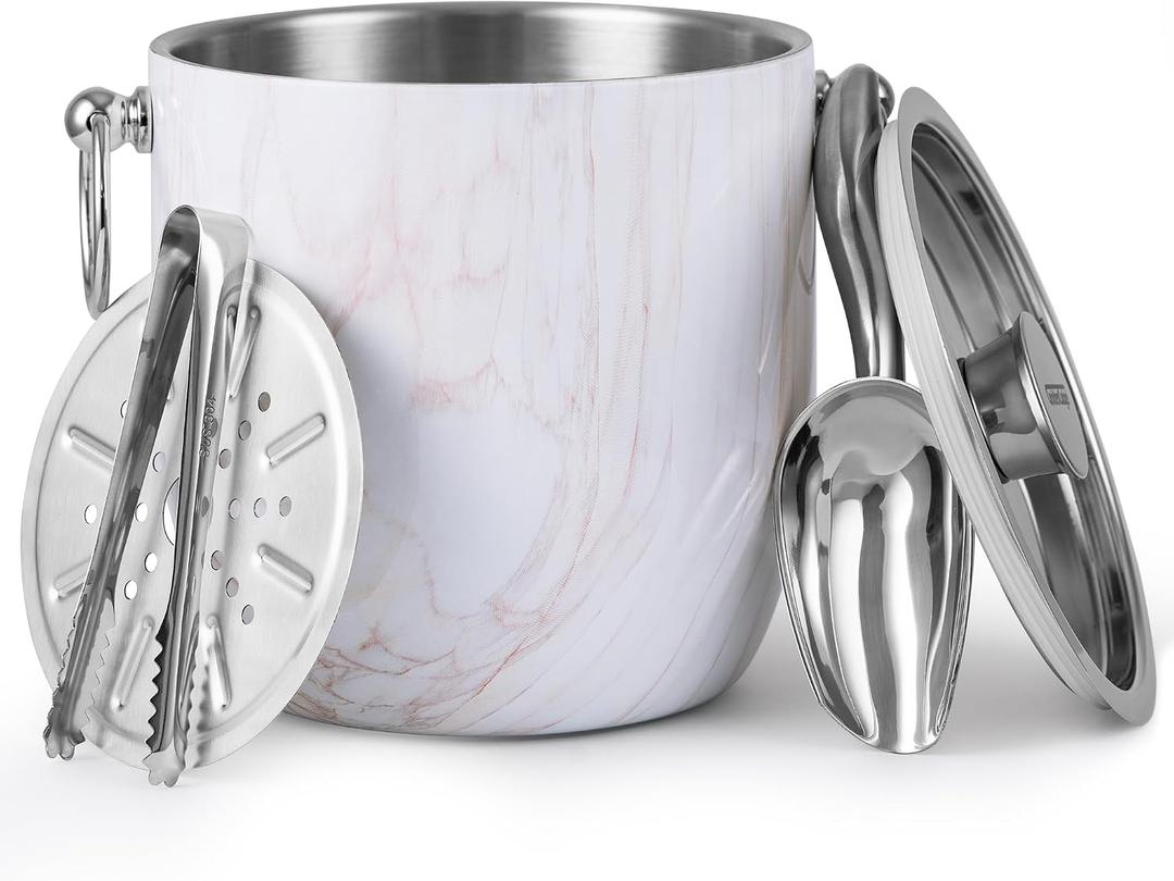 Insulated Ice Bucket, 3L Double Wall Stainless Steel Ice Bucket with Tongs,Lid, Scoop and Strainer, Ice Buckets for Parties,Cocktail Bars, Chilling Beer, Champagne, Wine Bottles