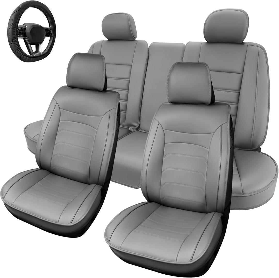 Car Seat Cover with Steering Wheel Cover, Car Seat Covers Full Set Airbag Compatible, Waterproof Leather Seat Covers, Universal Car Seat Covers for Trucks, SUV (Gray)