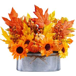 Winlyn 10" Fall Floral Arrangement in Galvanized Metal Oval Planter Artificial Autumn Harvest Maple Leaf Floral Stems Faux Potted Plants Table Centerpiece for Farmhouse Wedding Home Mantel Dcor