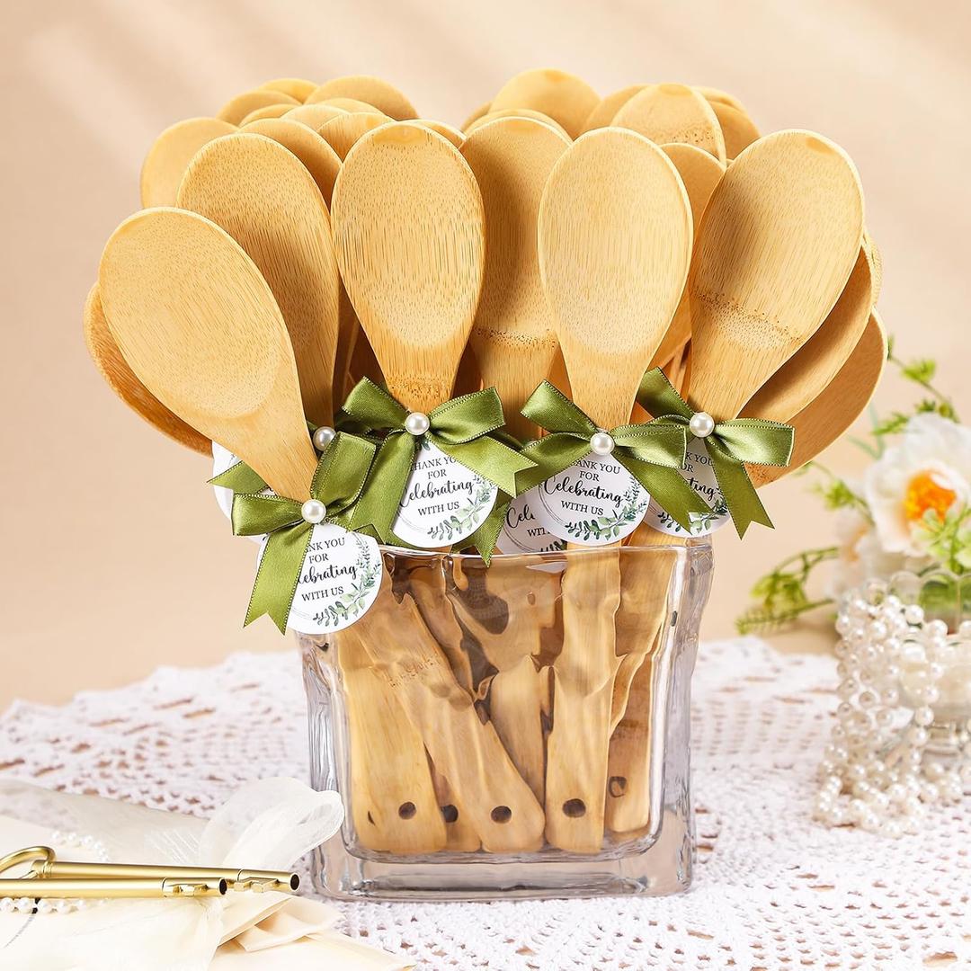 Jingmore 36 Set Bridal Shower Party Favors Bamboo Wooden Spoons with Bow and Tags Kitchen Utensils Wedding Favors Gift for Bridal Shower Prizes Guests Party Table Decoration(Leaves,Green Ribbon)