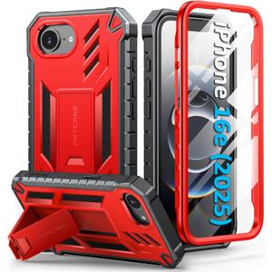FNTCASE for iPhone 16e Phone Case: Military Grade [Built-in Screen Protector] [Kickstand] Matte Textured Drop Proof Protection Cover | Rugged Shockproof TPU Protective Sturdy Cases 2025 - Red