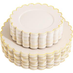 LIYH 60 Pcs Ivory and Gold Scalloped Plastic Plates - Disposable Fancy Combo Plates Includes 30 Dinner Plate 10.25" and 30 Dessert Plate 7.5" Plastic Heavy Weight Party Tableware Dishes, Beige and Gold Plates