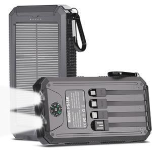 Power Bank Solar Charger 20,000mAh, Portable Phone Charger, 4 Cables Outdoor Waterproof External Backup Power Charger with USB-C for Cell Phones, Solar Battery Pack with Dual Flashlight for Camping