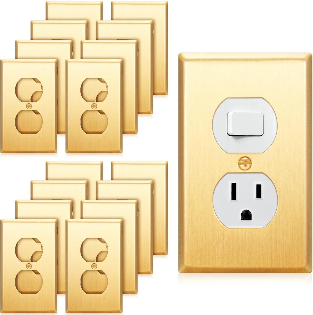 Zonon 16 Pack Gold Outlet Covers 4.50" x 2.76" Duplex Outlet Cover Brass Metal Brushed Decorative Gold Receptacle Wall Plate Corrosion Resistant, Standard Size, Brushed Brass
