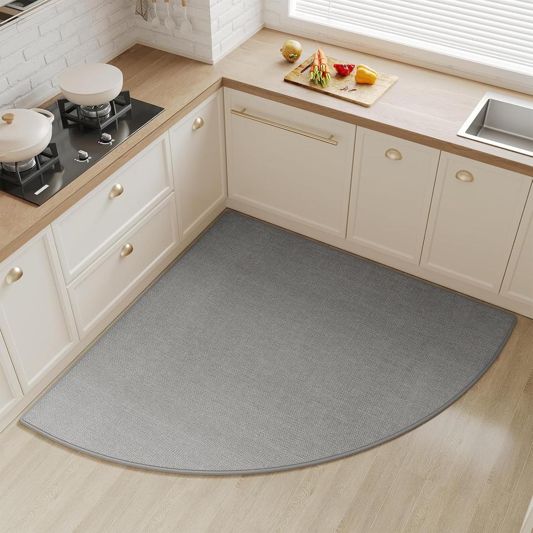 Corner Kitchen Rugs Non Slip Washable, Rubber Backed Circular Sector Kitchen Mats for Floor, Super Absorbent Imitation Linen Braided Kitchen Floor Mat for Sink Corner Areas (Gray, Radius 55")