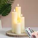 Flickering Flameless Pillar Candles with Remote Control and Cycle Timer,Ivory Pack of 4 Battery Operated(Powered by 2AA) LED Real Wax Tall Fake 3D-Wick Electric Candles(D 2.2 x H 4,6,8,10)