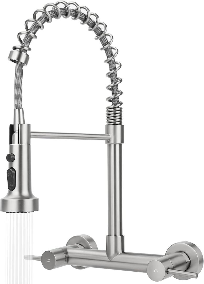 Wall Mount Kitchen Sink Faucet, 8 Inch Center Wall Mount Kitchen Faucets with 3-Function Pull Down Sprayer, Dual Handles Commercial Faucet for Kitchen Laundry Restaurant (Brushed Nickel)