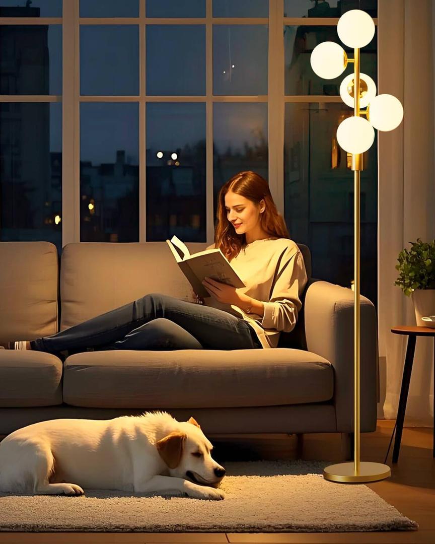 Lightdot Dimmable Globe Floor Lamp Mid Century Modern Floor Lamp with 5Pcs 3000K Bulbs Included Brightness Adjustable Gold Standing Lamps with 5Lbs Heavy Base for Living Room/Bedroom/Sofa Beside