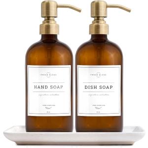 Vine Creations Amber Glass Soap Dispenser, 2 Pack Kitchen Soap Dispenser Set with Ceramic Tray, Stainless Steel Pump, Dish Soap and Hand Soap Dispensers for Bathroom Decor with Waterproof Labels