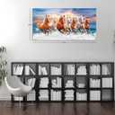 Wall Art Canvas Painting Horses Running Blue Sky 1 Piece Seven Horses in The Water Sunset Background Picture Poster Print Framed and Stretched Ready to Hang for Living Room Bedroom, 58"L x 29"W