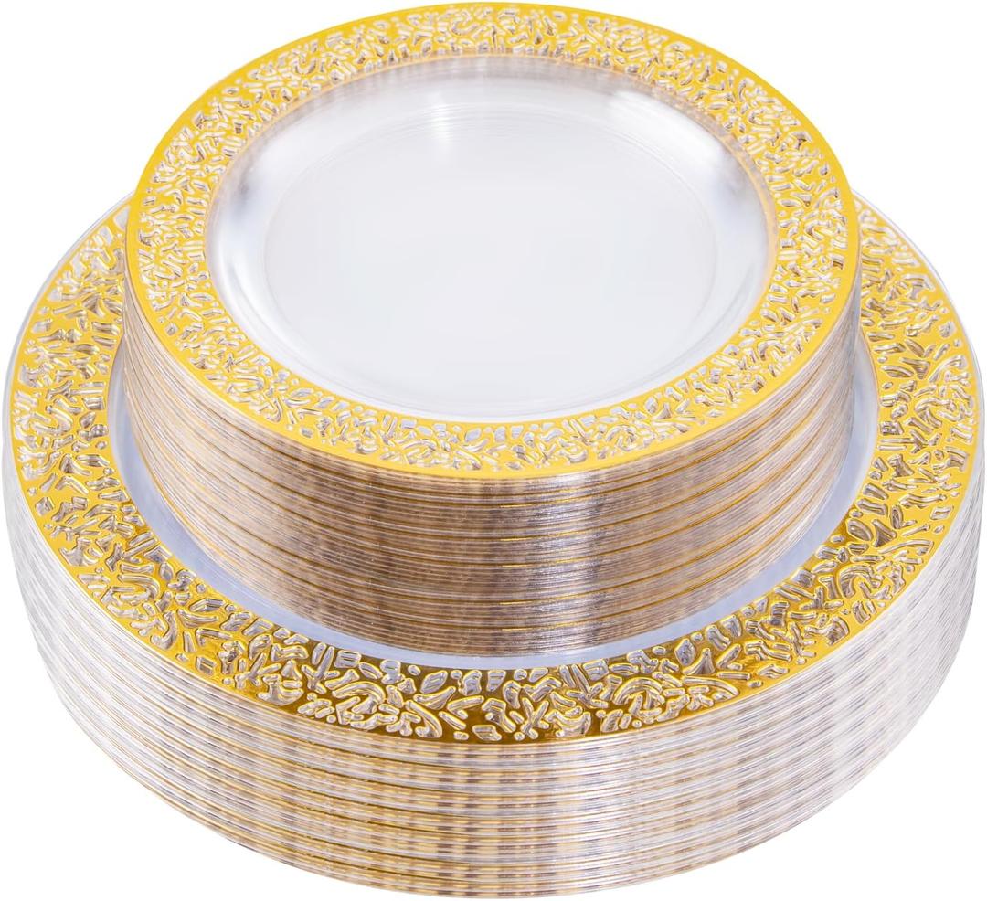 I00000 96pcs Gold Plastic Plates, Clear and Disposable Plates, Clear Plastic Plate with Gold Rim Include 48 Heavy Duty Dinner Plate 10.25 Inch and 48 Dessert Plate 7.5 Inch Perfect for Party