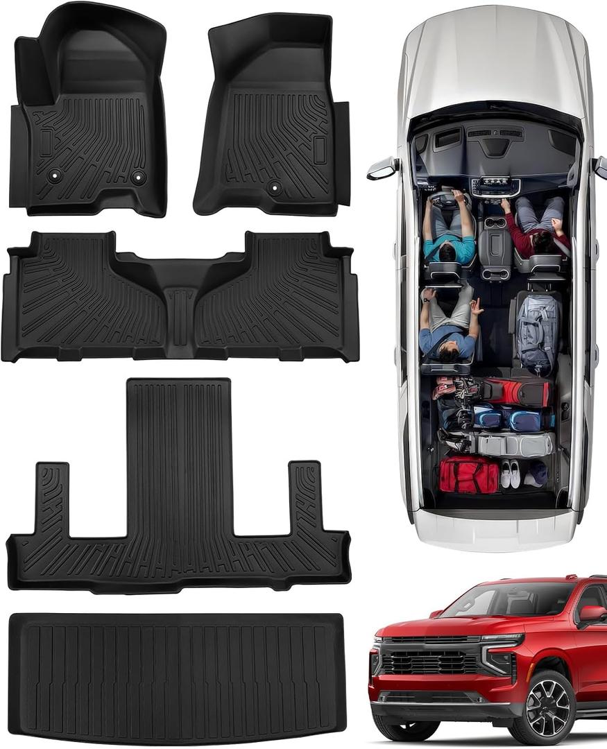 All Weather Floor Mats for Chevy Tahoe 2026-2021/ for GMC Yukon 2026-2022 (Only for 7 Seater), Custom Fit for Front 2nd 3 Row Backseat Floor Liners & Trunk Mats, Heavy Duty TPE Car Black Accessories