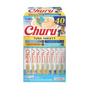 INABA Churu Cat Treats, Grain-Free, Lickable, Squeezable Creamy Purée Cat Treat/Topper with Vitamin E & Taurine, 0.5 Ounces Each Tube, 40 Tubes, Tuna Variety Box, BB Date 03/10/2026