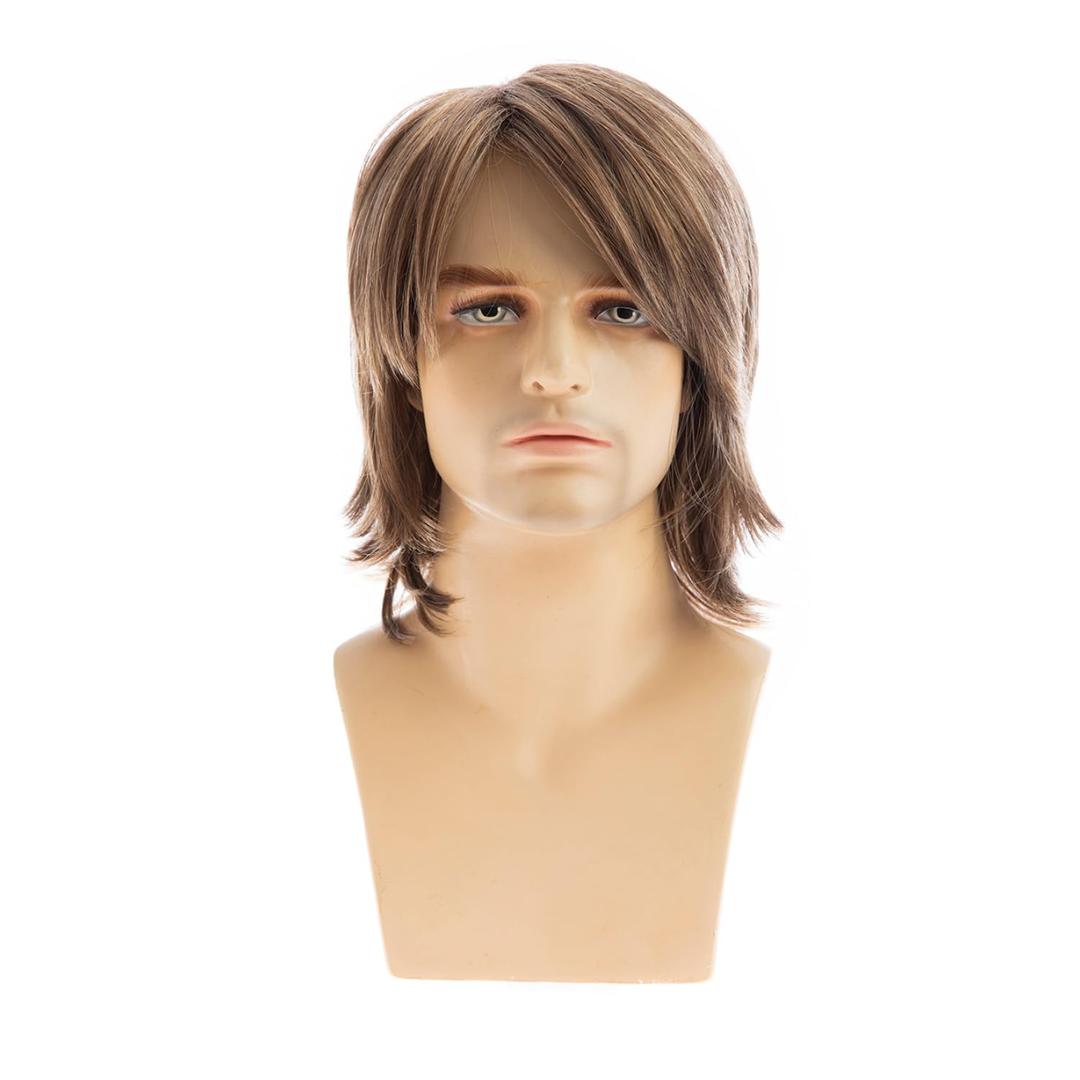 Sallcks Mens Short Brown Natural Straight Layered Synthetic Hair Wig for Daily Party Halloween