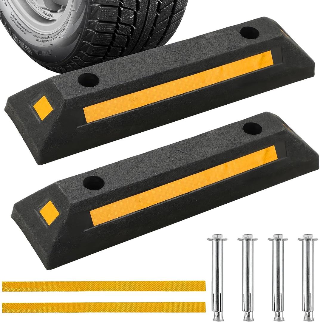 Rubber Parking Curb, Garage Floor Stops 2 Pack, Heavy Duty Wheel Stop Stoppers Vehicle Parking Guide Block with Yellow Reflective Stripes for Car, Truck, RV, Trailer, and Garage