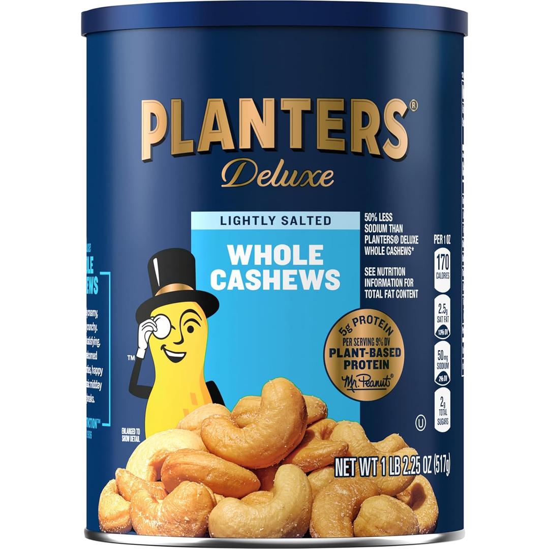 PLANTERS Deluxe Lightly Salted Cashews, Party Snacks, Plant-Based Protein, Quick Snack for Adults, After School Snack, Flavored with Sea Salt, Kosher, 1lb 2.25oz (EXP 10/17/27)