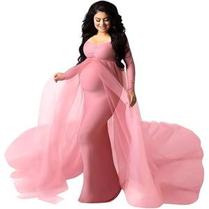Women Off Shoulder Long Sleeve Maternity Dress Tulle Elegant Slim Fit Gown Baby Shower Photography Maxi Dress for Photo Shoot
 Pink M 