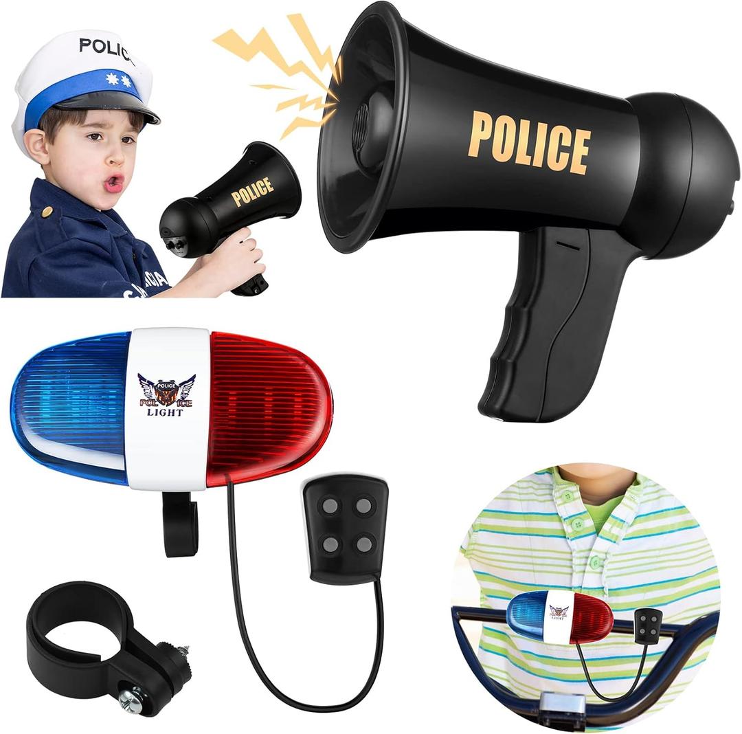 Kathfly Police Accessories for Kids Include 1 Bike Siren Sound Light 1 Toy Police Officer's Megaphone LED Bike Horn for Christmas Birthday Gift, 6 LED Lights 4 Sounds, Battery Not Included