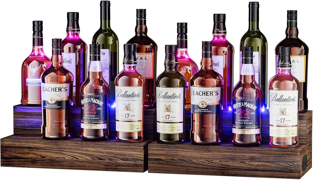 LED Lighted Bottle Display Shelf, 2 Pack Bar Shelf, Tabletop Wine Rack, Coffee Syrup Organizer, Home Bar Stand for Liquor Bottles, Mini Bar