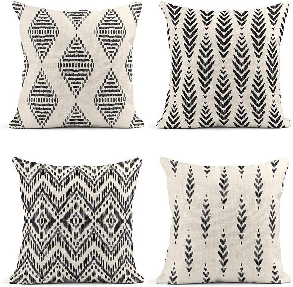 ArtSocket Set of 4 Throw Pillow Covers Ikat Tribal and Boho Bohemian Black Ethnic Herringbone for Ideas Decor Linen Outdoor Pillow Cases Home Decorative Square 16x16 Inches Pillowcases
