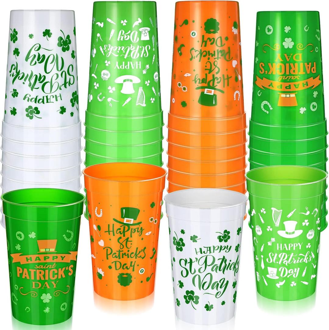 Meanplan 36 Pcs St. Patrick's Day Cups 12 oz Plastic Green Shamrock Reusable Party Cups Bulk for Kids Adults St Patrick's Day Party Supplies Drinks Beer Beverage