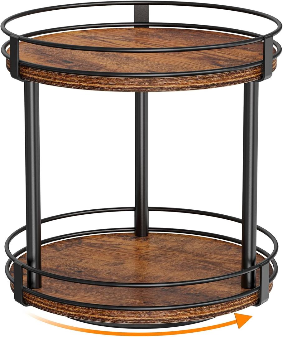 Snughome Rotating Spice Rack, 2 Tier Lazy Susan Organizer, Wood Kitchen Countertop Organizer, Brown Lazy Susan Turntable for Cabinet, 10.2" x 10.2" x 10.4"