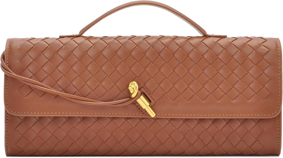Woven Clutch Purses for Women, Leather Evening Bag Shoulder Handbag Formal Satchel Crossbody Purse Party Bag, Brown