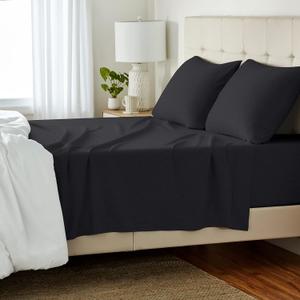 Amazon Basics 4 Piece Breathable Cotton Jersey Bed Sheet Set, Stretchy Flat and Fitted Sheets with Pillowcase, Queen, Black, Solid