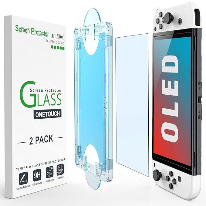 amFilm [2-Pack Onetouch Tempered Glass Full Screen Protector Guard Designed For Nintendo Switch OLED Model 2021 - With Auto Alignment Kit, Bubble Free