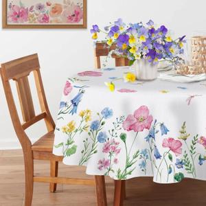 Spring Summer Floral Flowers Round Tablecloth 60 x 60 Inch, Poppy Bellflower Bloom Decorative Table Cloth Wildflower Dining Table Cover, Butterfly Seasonal Dinner Party Picnic Decoration