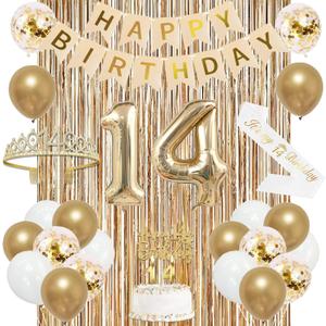 Trgowaul 14th Birthday Decorations for Girls, Banner, Sash and Crown, Cake Topper, 14 Number Balloon, Fringe Curtains, Champagne Gold 14th Birthday Party Supplies