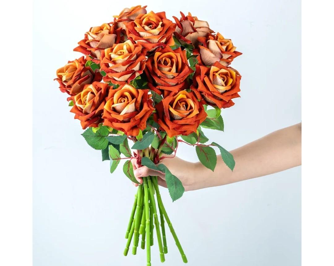 Fake Roses Faux Flowers Silk Roses Artificial Roses with Stems Realistic Artificial Flowers 16.5In Suitable for Indoor Home Decoration DIY Bouquet Wedding Decor Party Decor (Orange) 12PCS