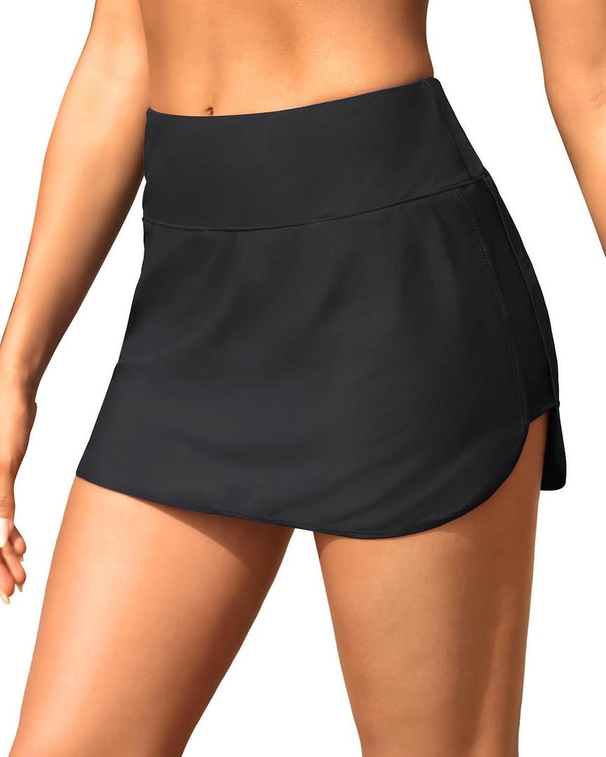 Tempt Me Women's High Waisted Swim Skirt with Zipper Pockets, Athletic Bikini Skirt Bottoms in Black, Medium (XX-Large)