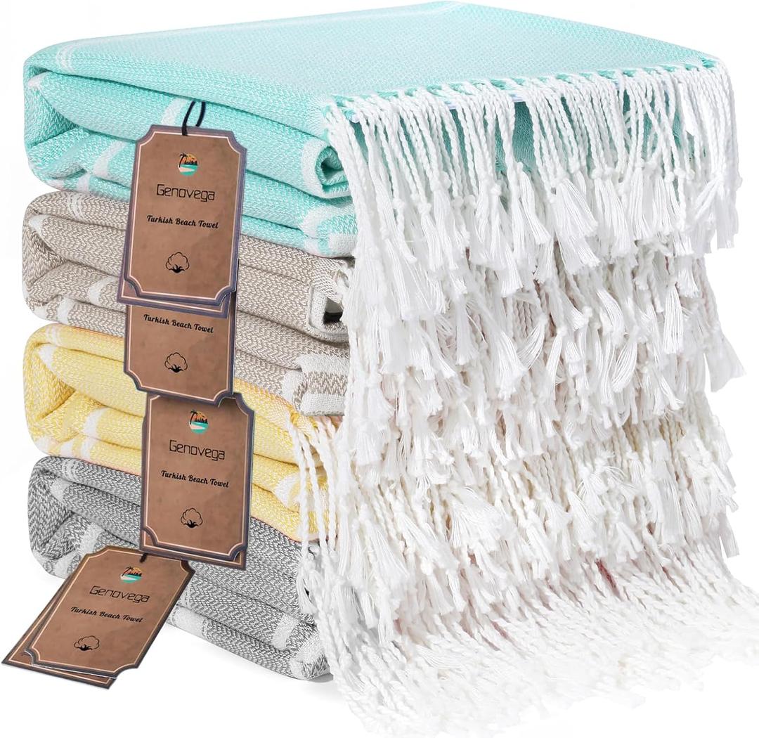 Genovega 4 Packs Turkish Beach Towels Vacation Essentials Quick Dry Sand Free Soft Absorbent Extra XL Large Big Blanket Adult Oversized Bath Pool Swim Towel Set Bulk Multipack Thin Sandless Fast (72 x 36 inch, 4 Pack Aqua Yellow Beige Dark Gray)