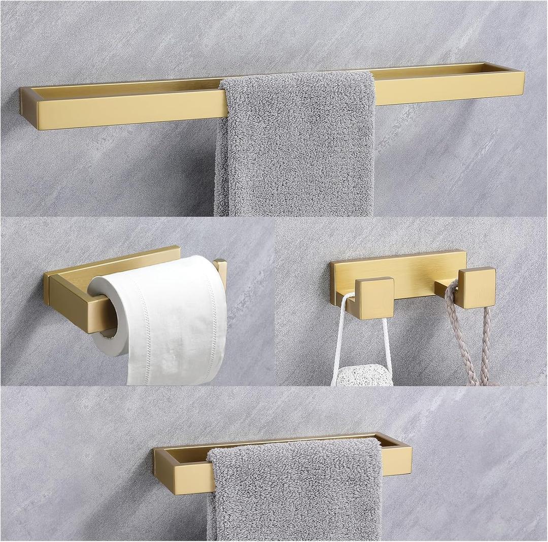 Lairuier Bathroom Hardware Accessories Set, Brushed Gold 4-Piece Bathroom Hardware Set Including Towel Bar,Towel Holder, Toilet Paper Holder, Towel Hook, Stainless Steel Bath Towel Bar Set