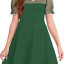 Haloumoning Girls Contrast Mesh Puff Short Sleeve Dress Kids High Waist A Line Casual Dresses with Pockets (Dark Green, 7-8 Years)
