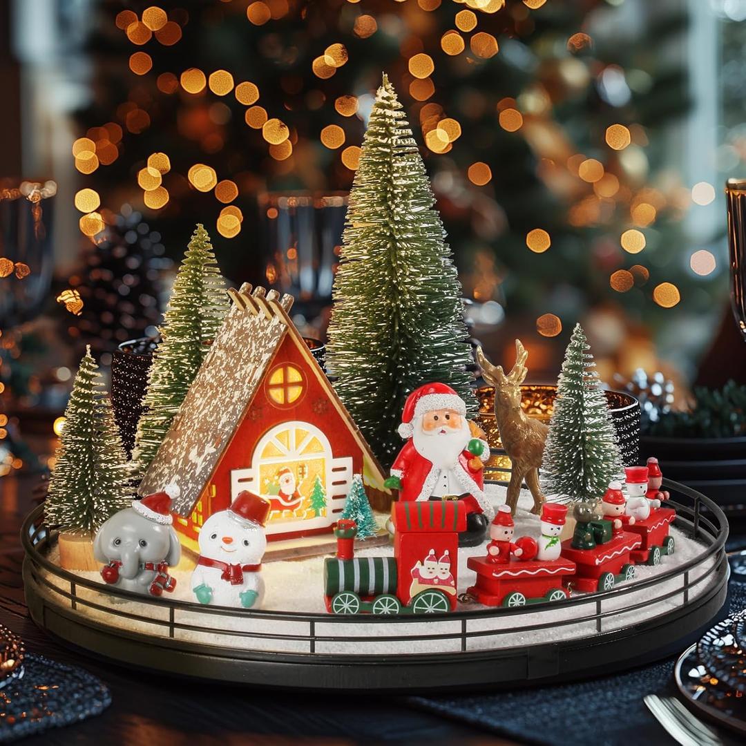 12 Pcs Christmas Village Set - 13" Oak Wooden Lazy Susan with Santa Train, House & Trees  Indoor Christmas Centerpiece Decor for Holiday Coffee Table, Dining Table, or Mantel Decor