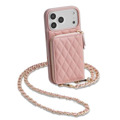 LAMEEKU for iPhone 17 Pro Case Wallet with Card Holder, Wrist Strap Crossbody Phone Cover for Women 6.3" Pink