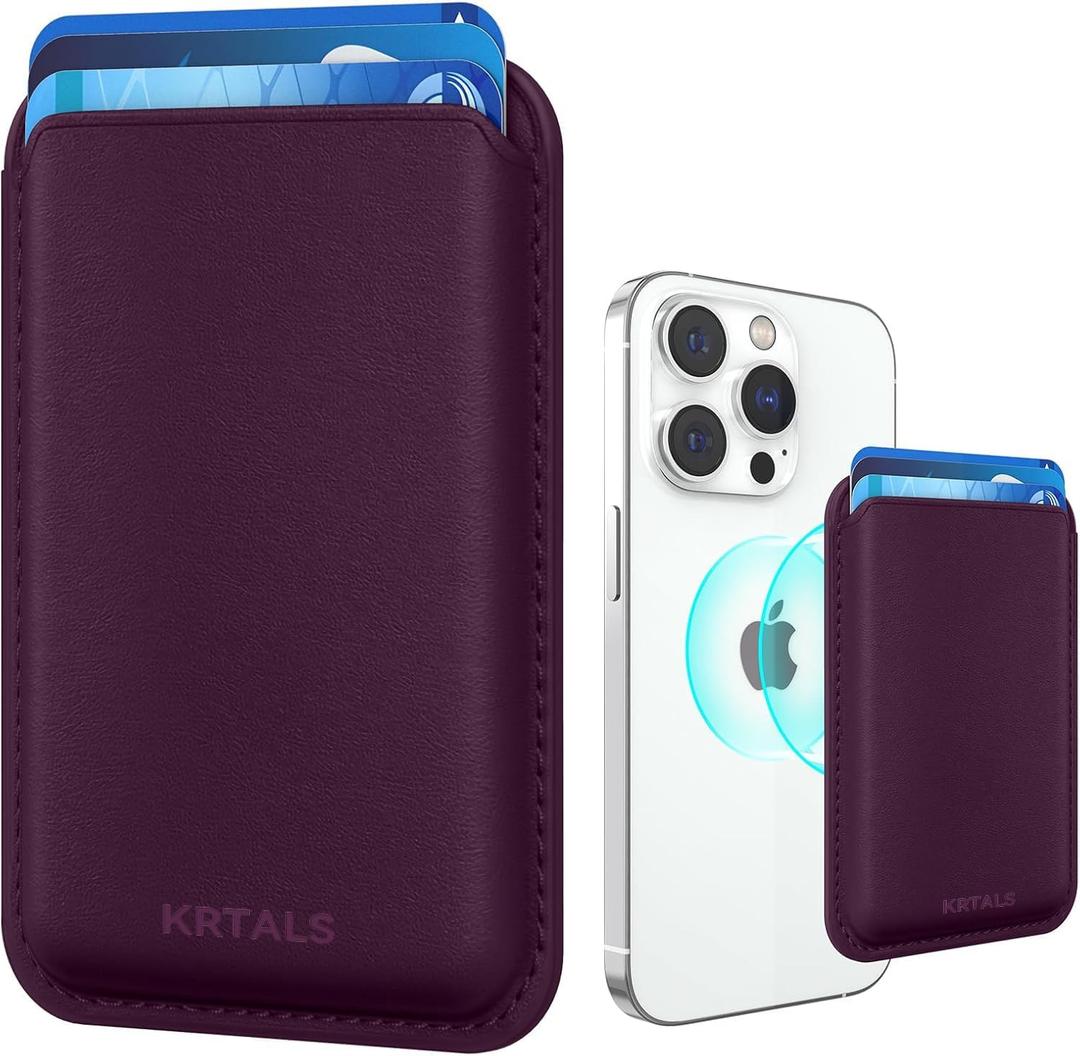 Magnetic Wallet Cell Phone Card Holder for Phone Case with Mag-Safe, Stronger Magnetic RFID Leather Phone Wallet Stick on Series of iPhone 17/16/15/14/13/12 and Pro/Promax, Cherry